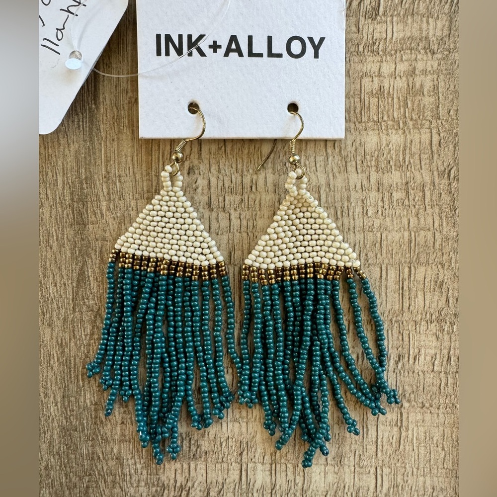INK+ALLOY Seed Bead Earrings + Beaded Fringe. Ivory, gold and teal